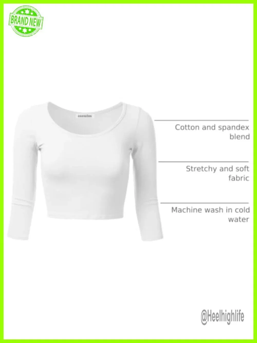 Womens Cotton 3/4 Sleeve Scoop Neck Slim Fit Crop Top Pullover